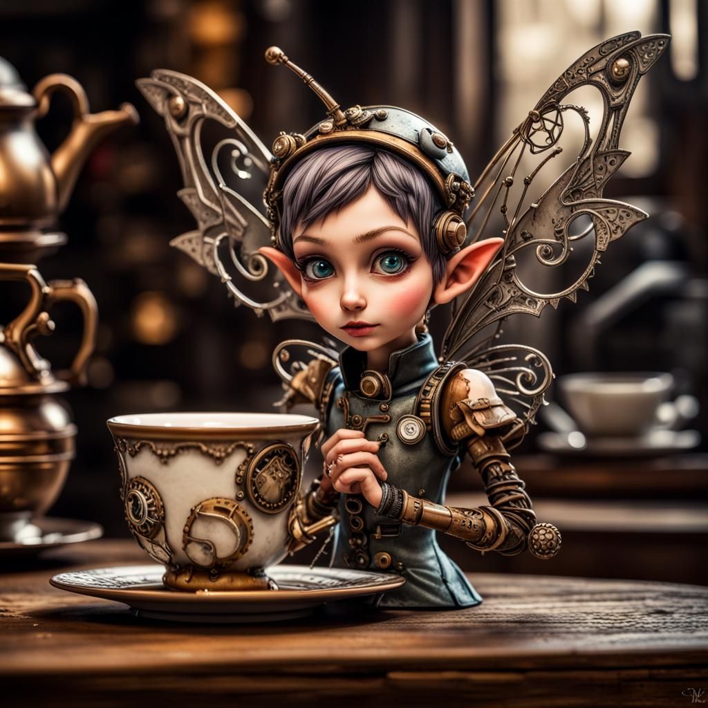 Steampunk Pixie with Mechanical Wings and Teacup