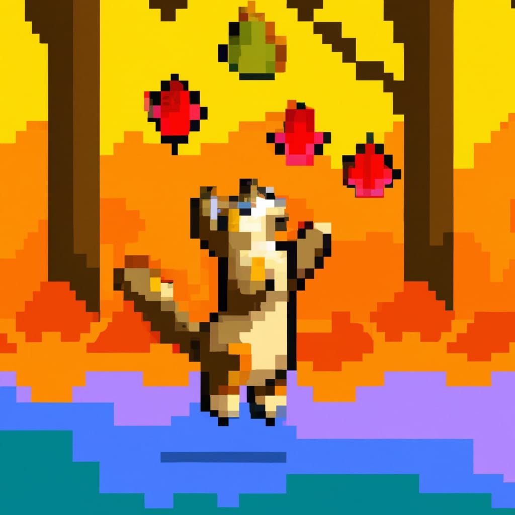 Cute Kitten in Autumn Forest, Pixel Art