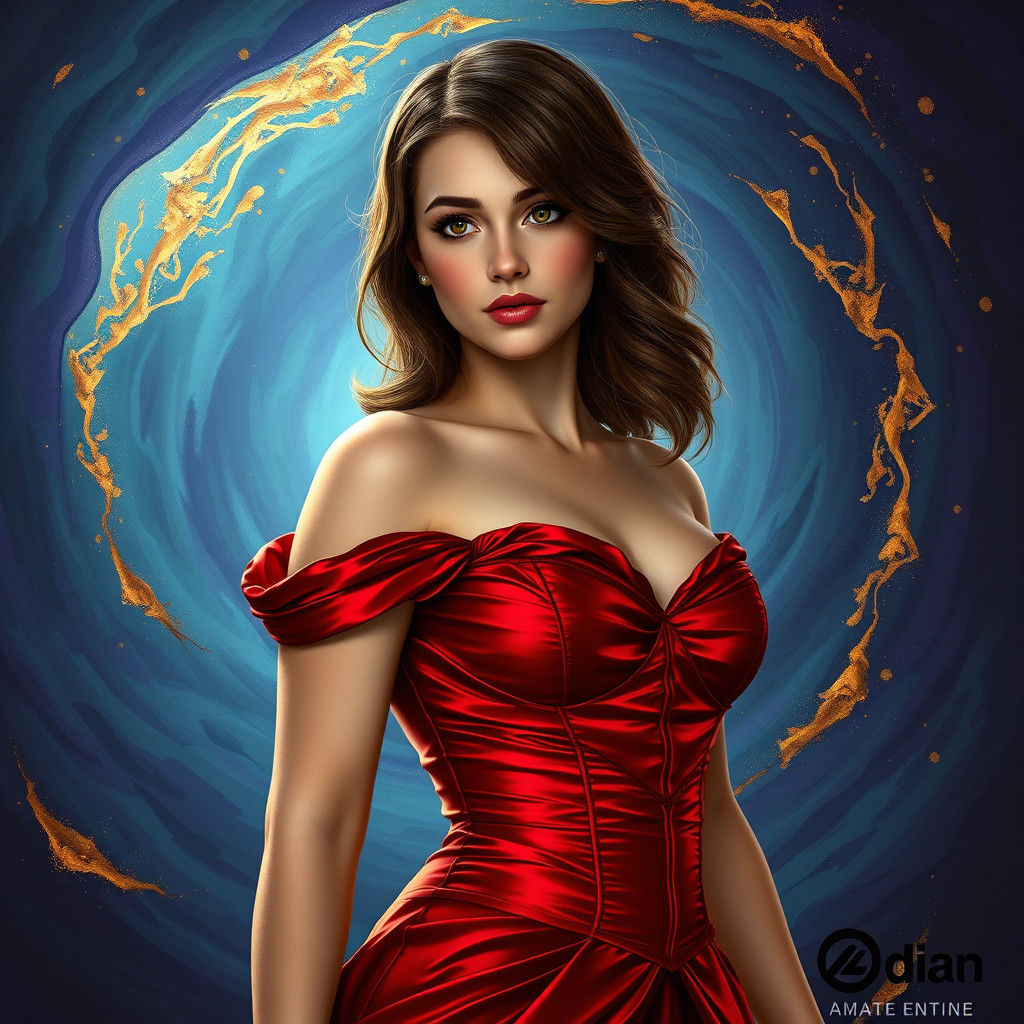 Curvy Woman in Scarlet Satin Corset Dress amidst Fantasy Lan...