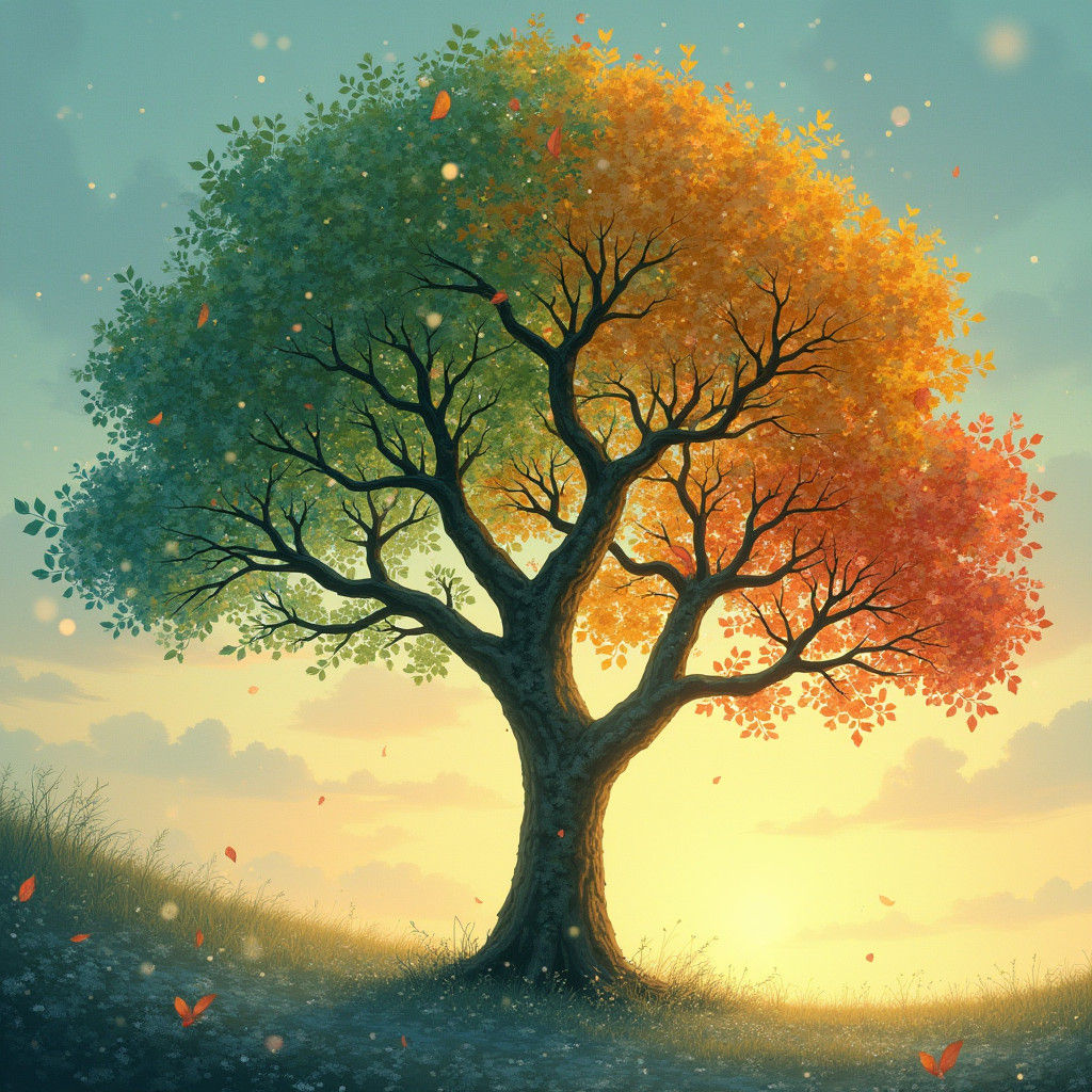 Four Seasons Tree in Dreamlike Illustration Style