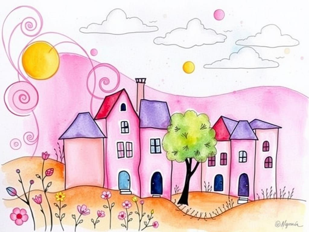 Charming Village Abstract in Watercolor and Alcohol Ink