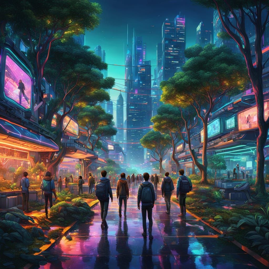 Futuristic Cityscape Blends Nature and Neon Lights