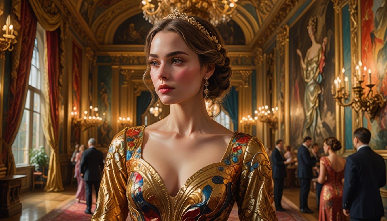 Elegant Lady in Grand Hall: Vibrant Oil Painting