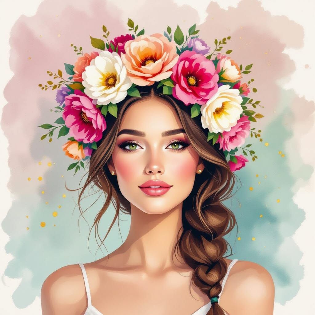 Serene Woman with Flower Crown in Watercolor Dreamscape