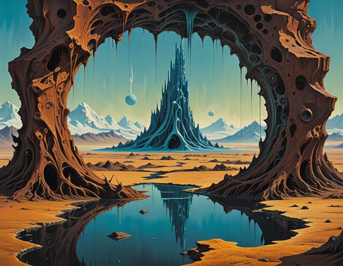 Melting Landscape in Swirling Portal: Surreal Oil Painting