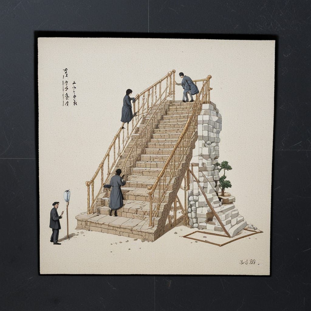 Surreal Stairway Scene in Hokusai and Magritte Style