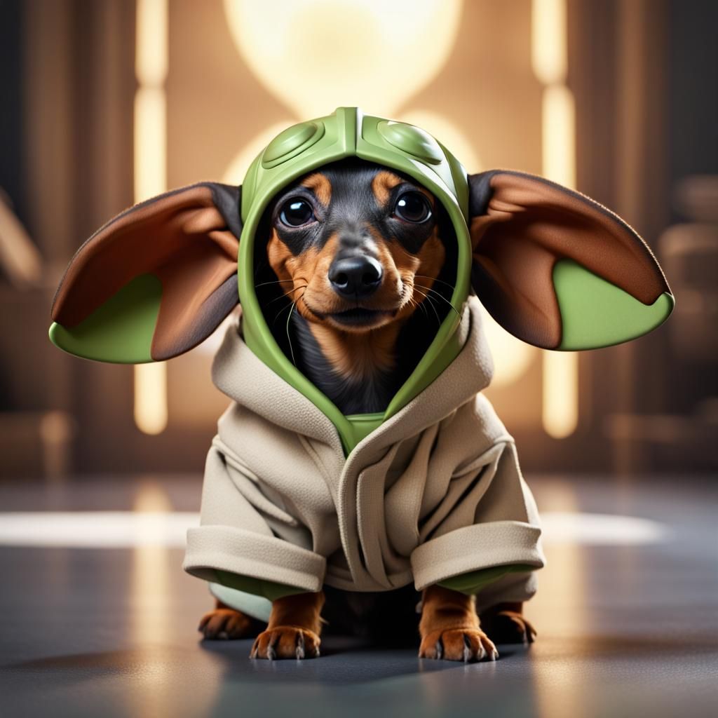 Dachshund Puppy in Baby Yoda Costume: Hyperrealistic 3D Rend...