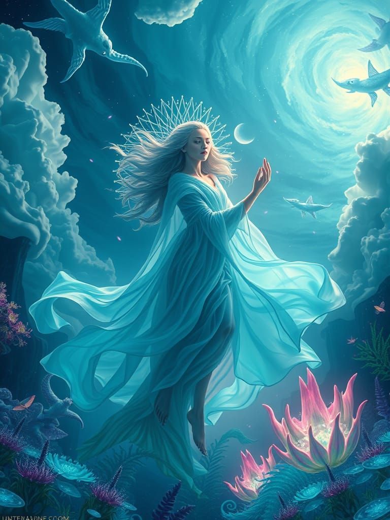 Ethereal Pisces Maiden in Iridescent Robes Amidst Aquatic Dr...