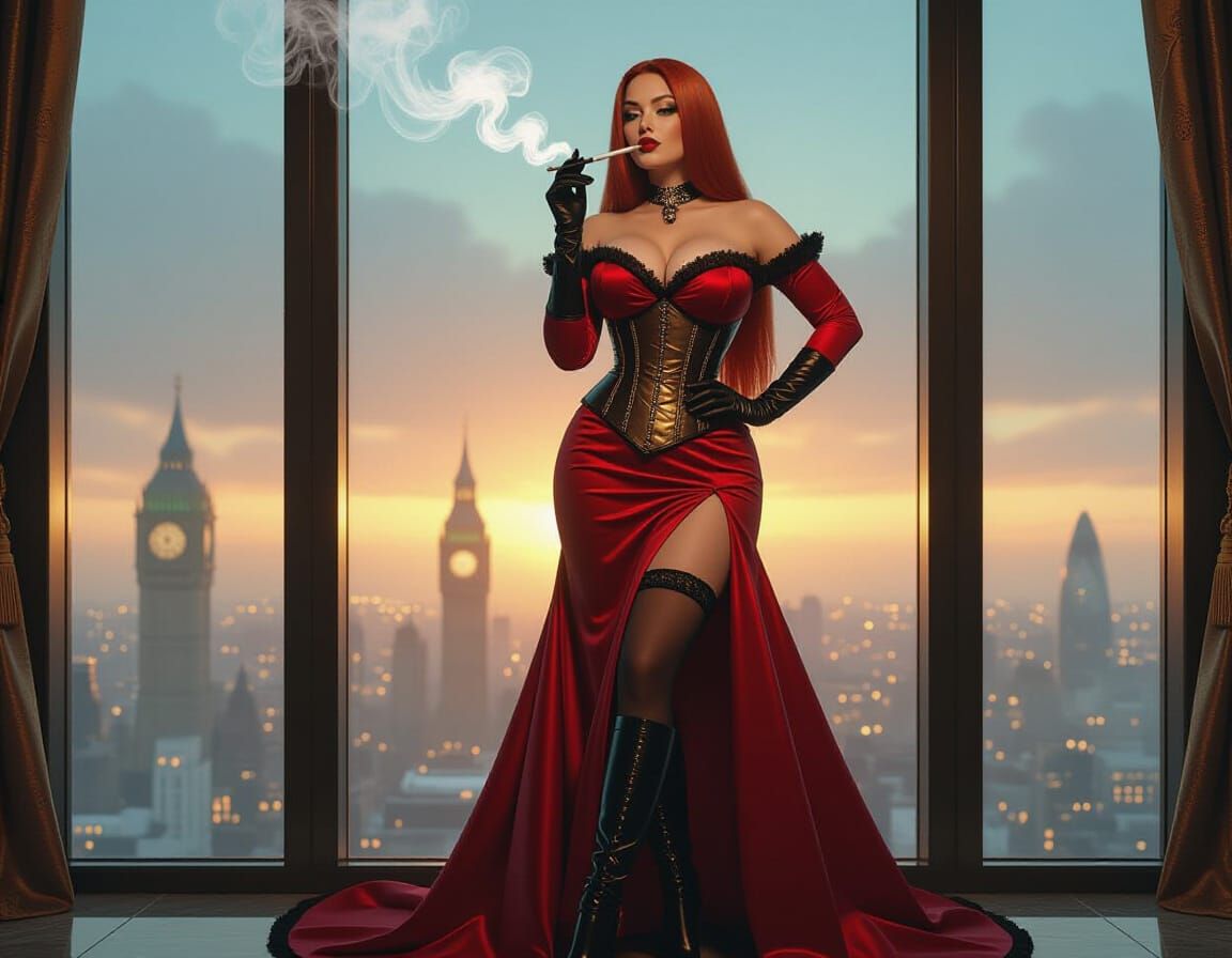 Steampunk Woman Overlooking London at Night in Film Noir Sty...