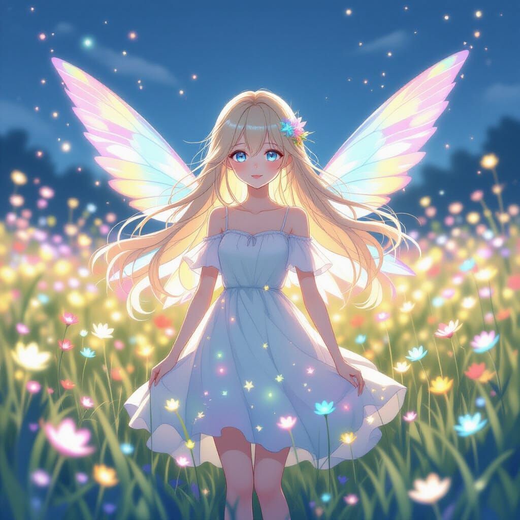 Anime Girl in Bioluminescent Field as Ghibli Animation