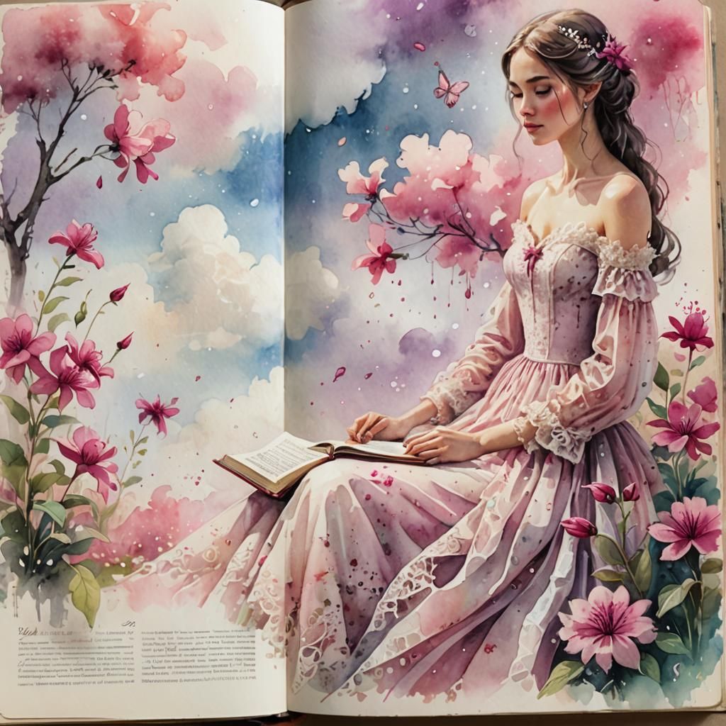 Romantic Woman Reading Book in Watercolor Flowers