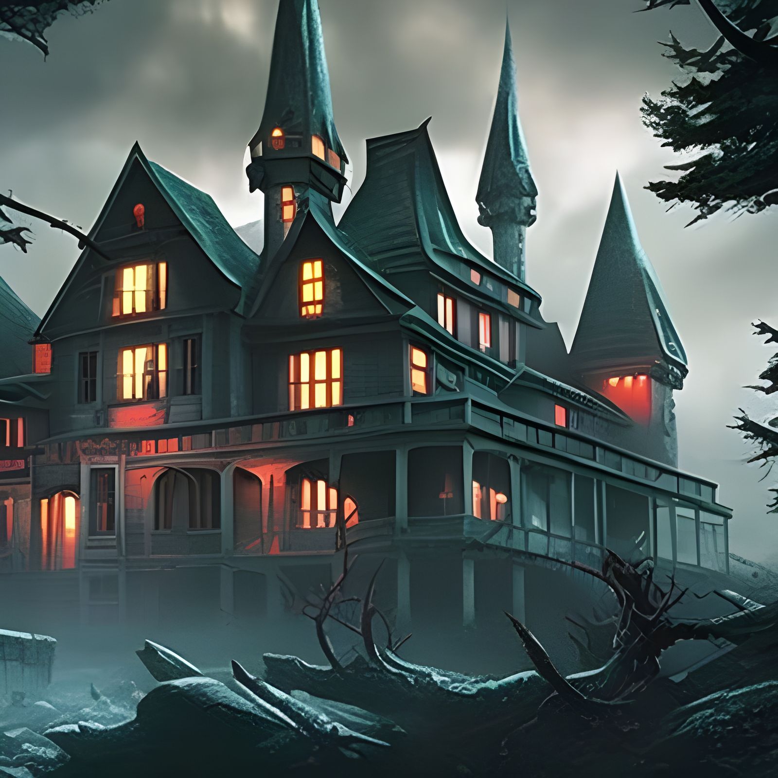 Creepy Haunted Castle Landscape in Dark Fantasy Style