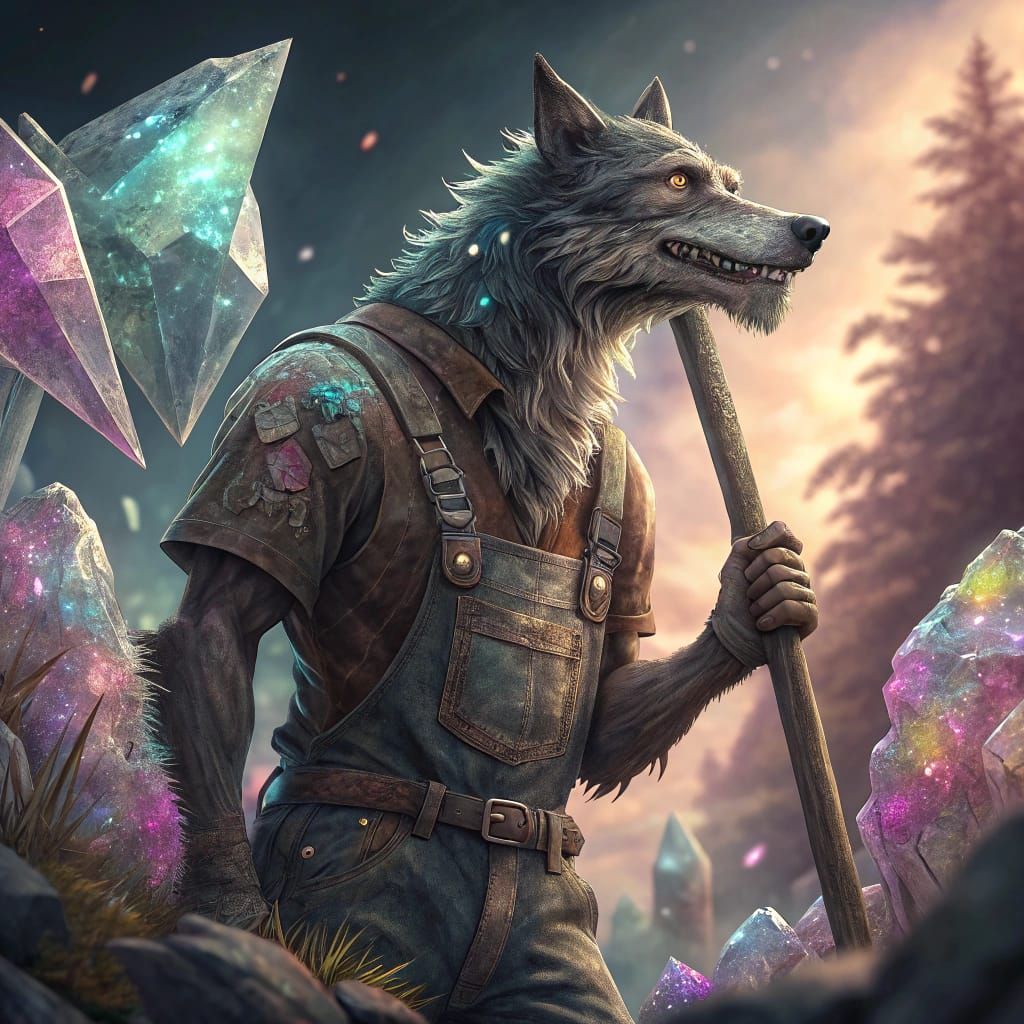 Regal Wolfhound Hybrid in Faded Dungarees Holds Majestic Hal...