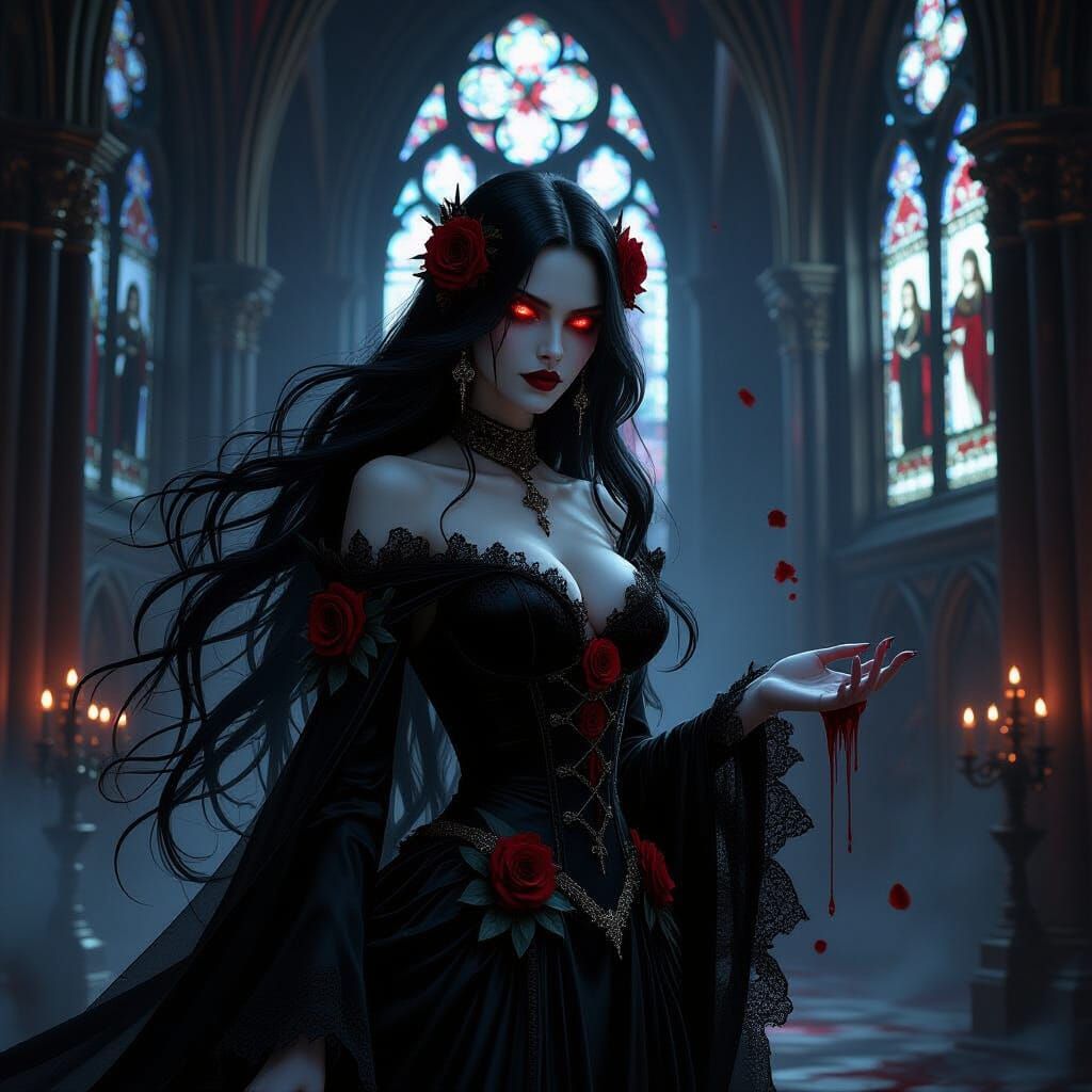 Gothic Vampire Goddess in Decaying Cathedral