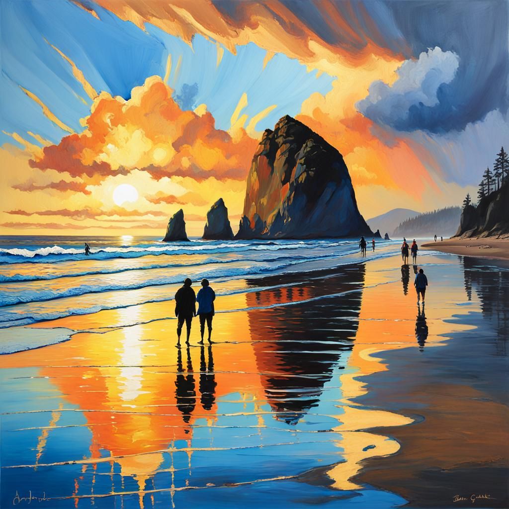 Haystack Rock Sunset Painting with Dramatic Sky
