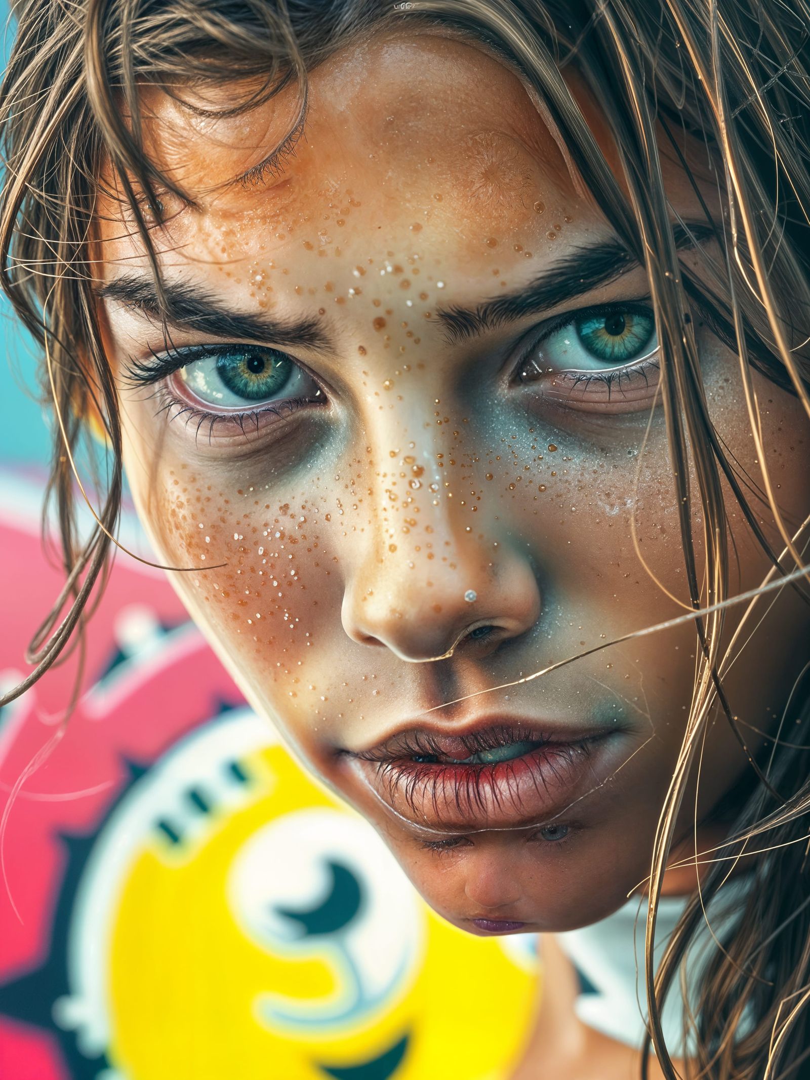 Hyperrealistic Close-Up Portrait of a Young Surfer in Vibran...