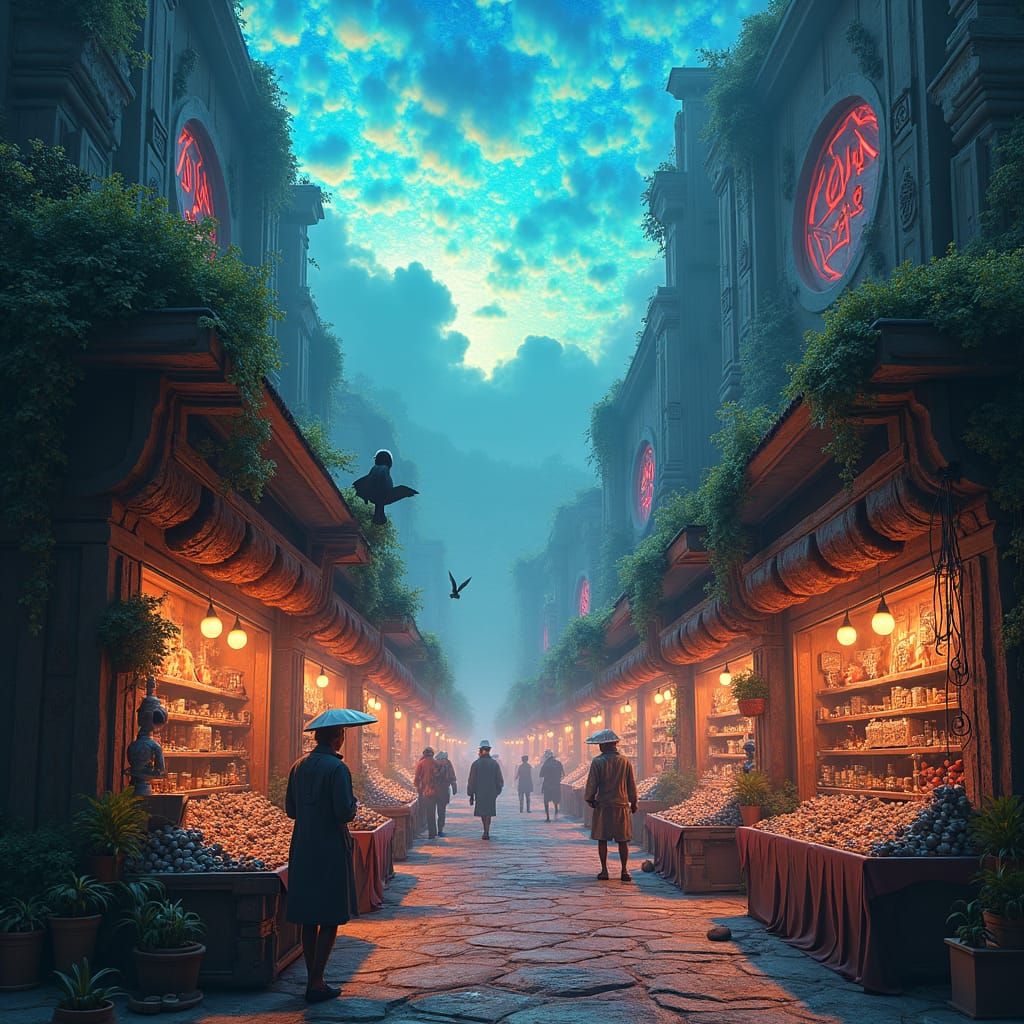 Fantasy Bazaar Under Iridescent Celestial Canopy