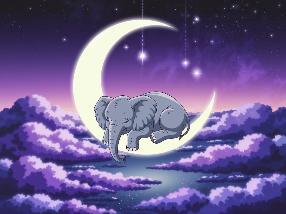 Serene Elephant Sleeping on Glowing Moon Among Stars