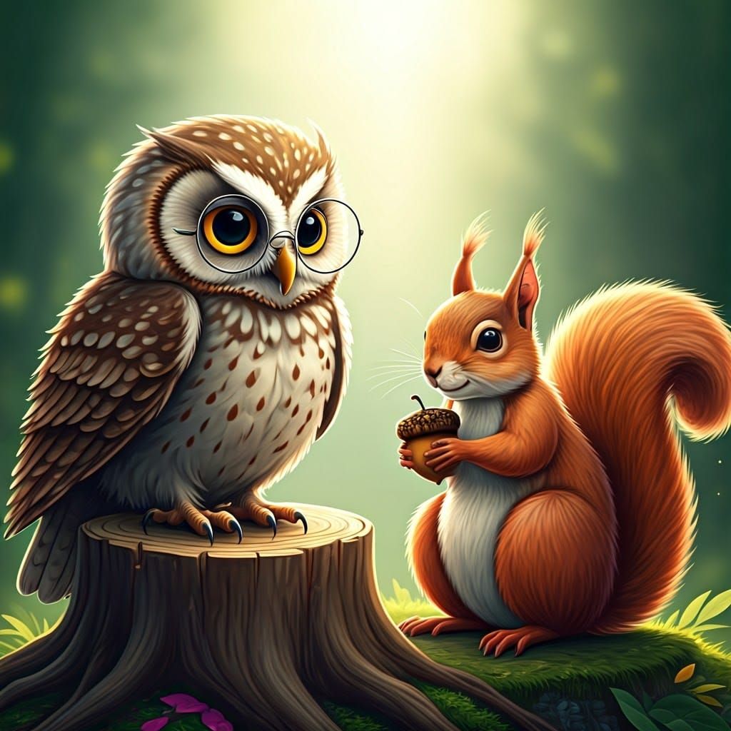Charming Owl and Squirrel Scene in Children's Book Style