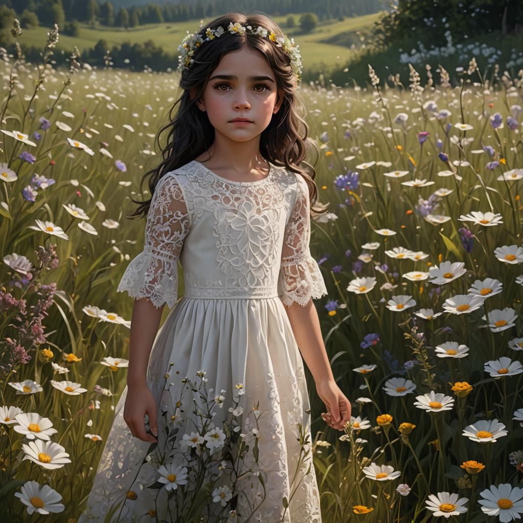 A beautiful little girl with brown eyes and flowers in her d...