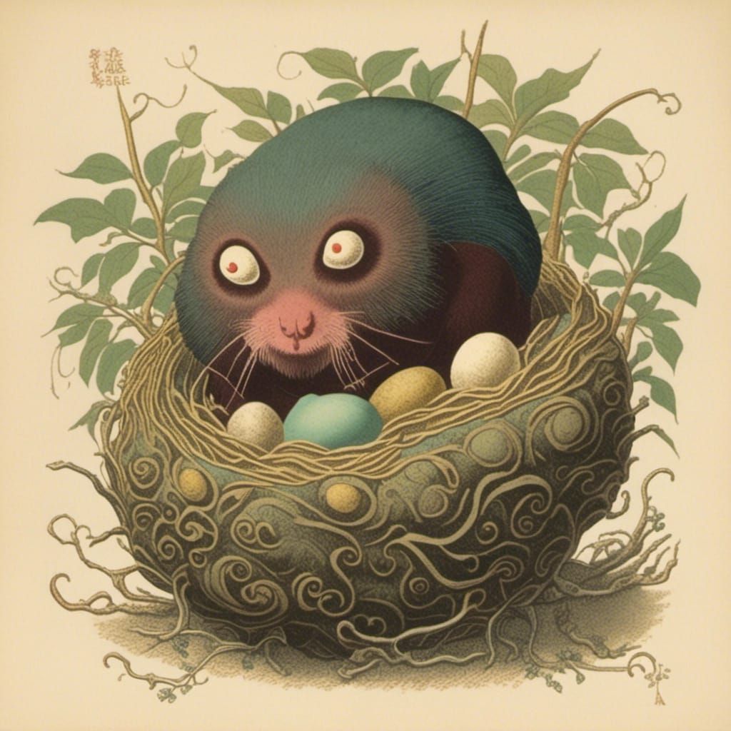 Macaque Stealing Eggs from Bird Nest