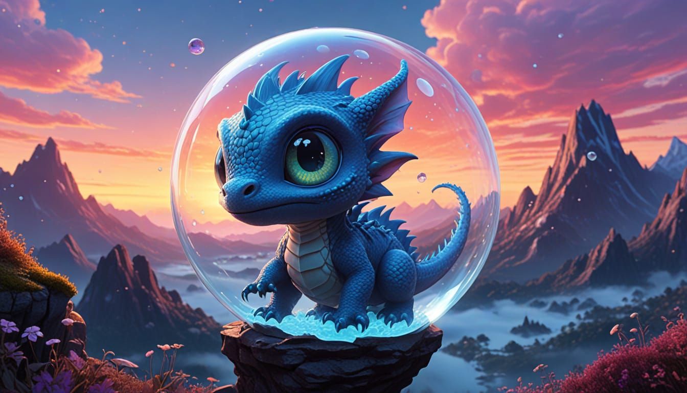 Baby Dragon in Stardust Bubble, Ghibli Illustration Style