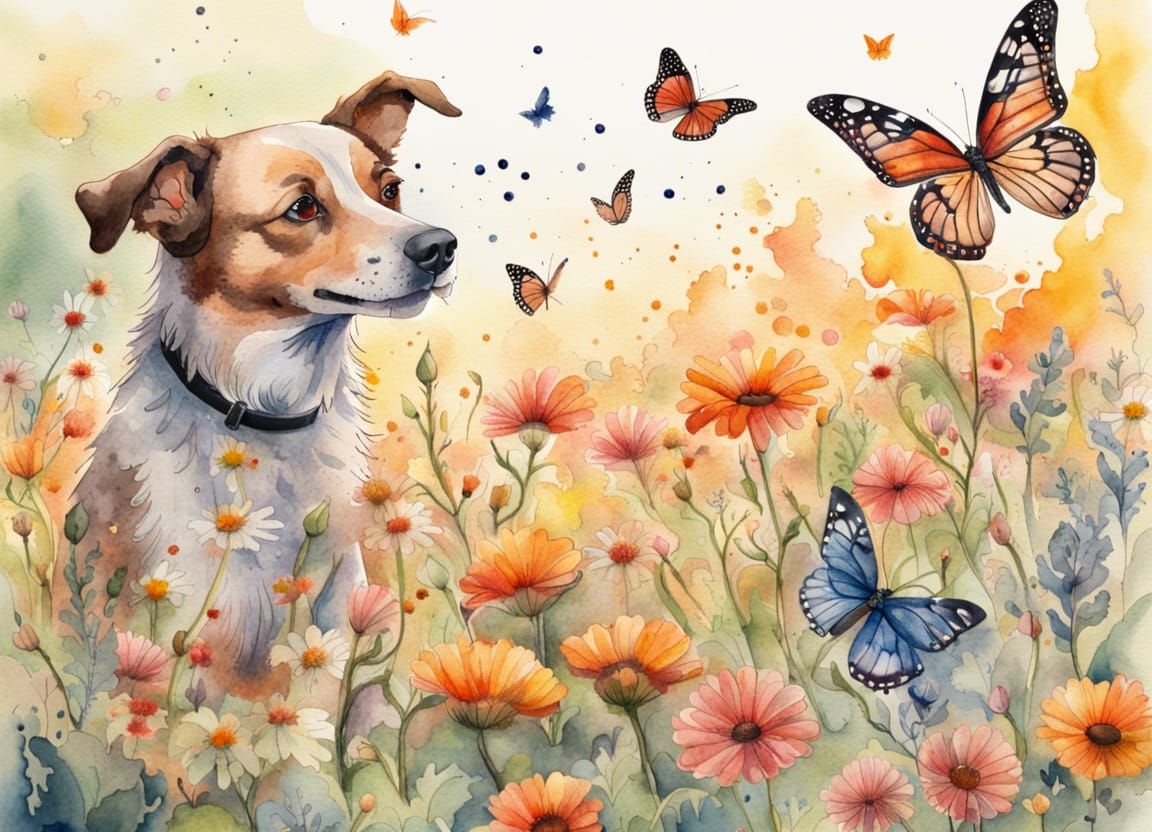 Watercolor Flower Field with Dog and Butterflies
