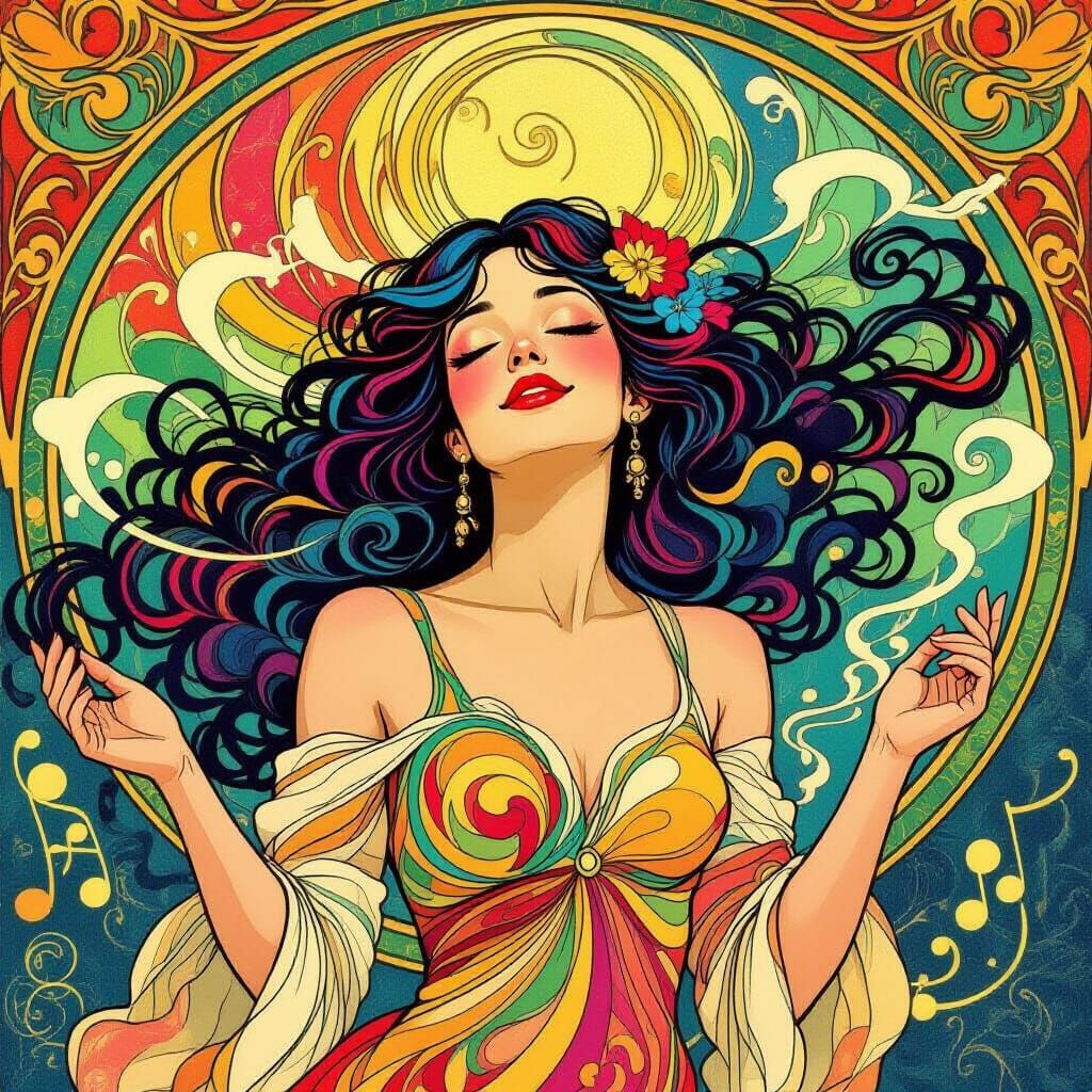 Psychedelic Art Nouveau Woman in Blissful Dance