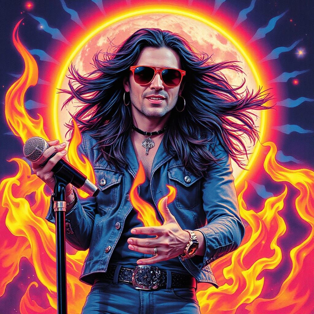 Psychedelic Rockstar Surrounded by Flames in Retro-Futuristi...