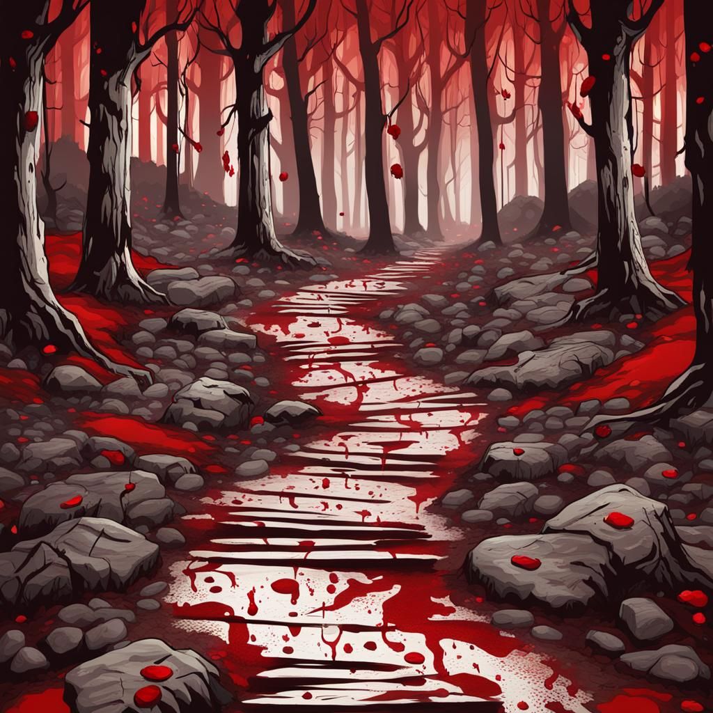 Bloodstained Path Through Dark Fantasy Forest