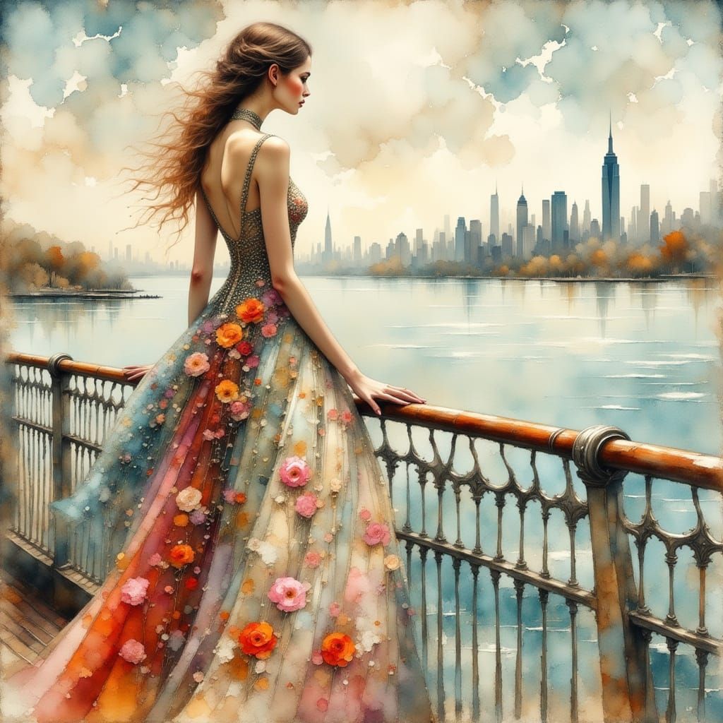 Elegant Woman in Techno Dress on Ferry, Manhattan View