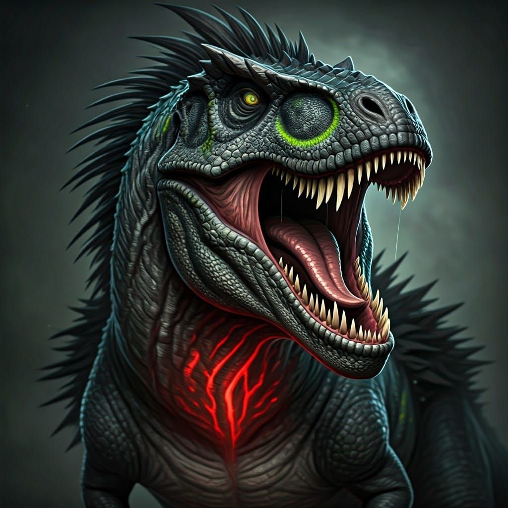 Mutated T-Rex with Bioluminescent Neck, Digital Matte Painti...