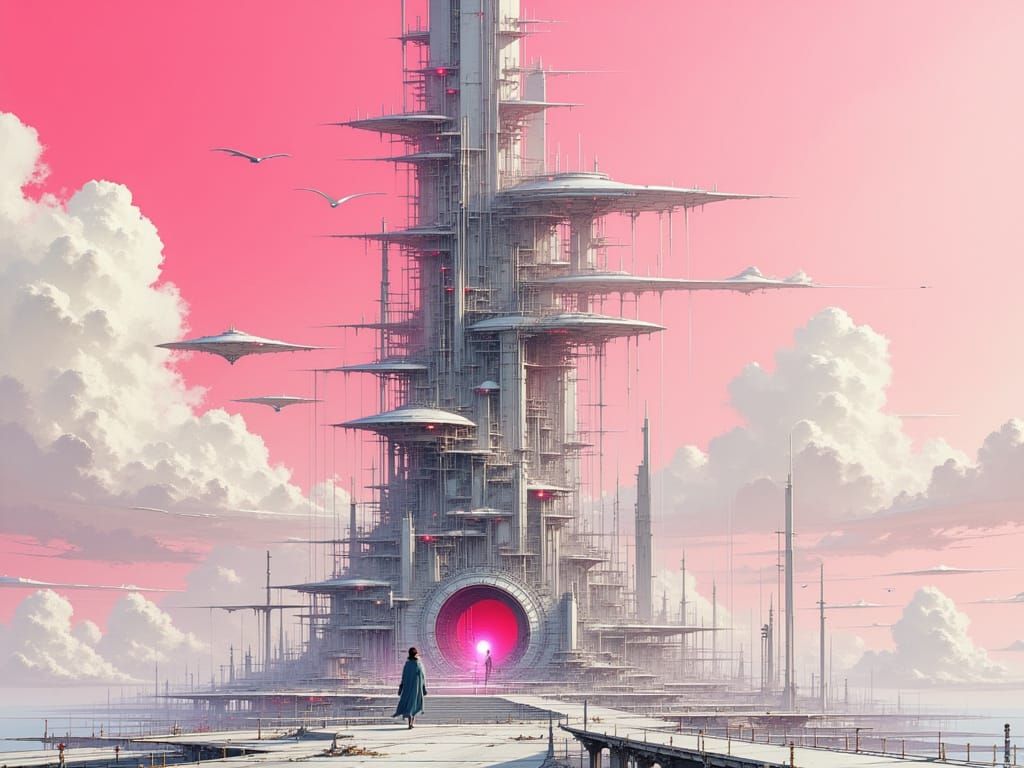 Cyberpunk Cityscape with Silver Wire Structure and Pink Sky