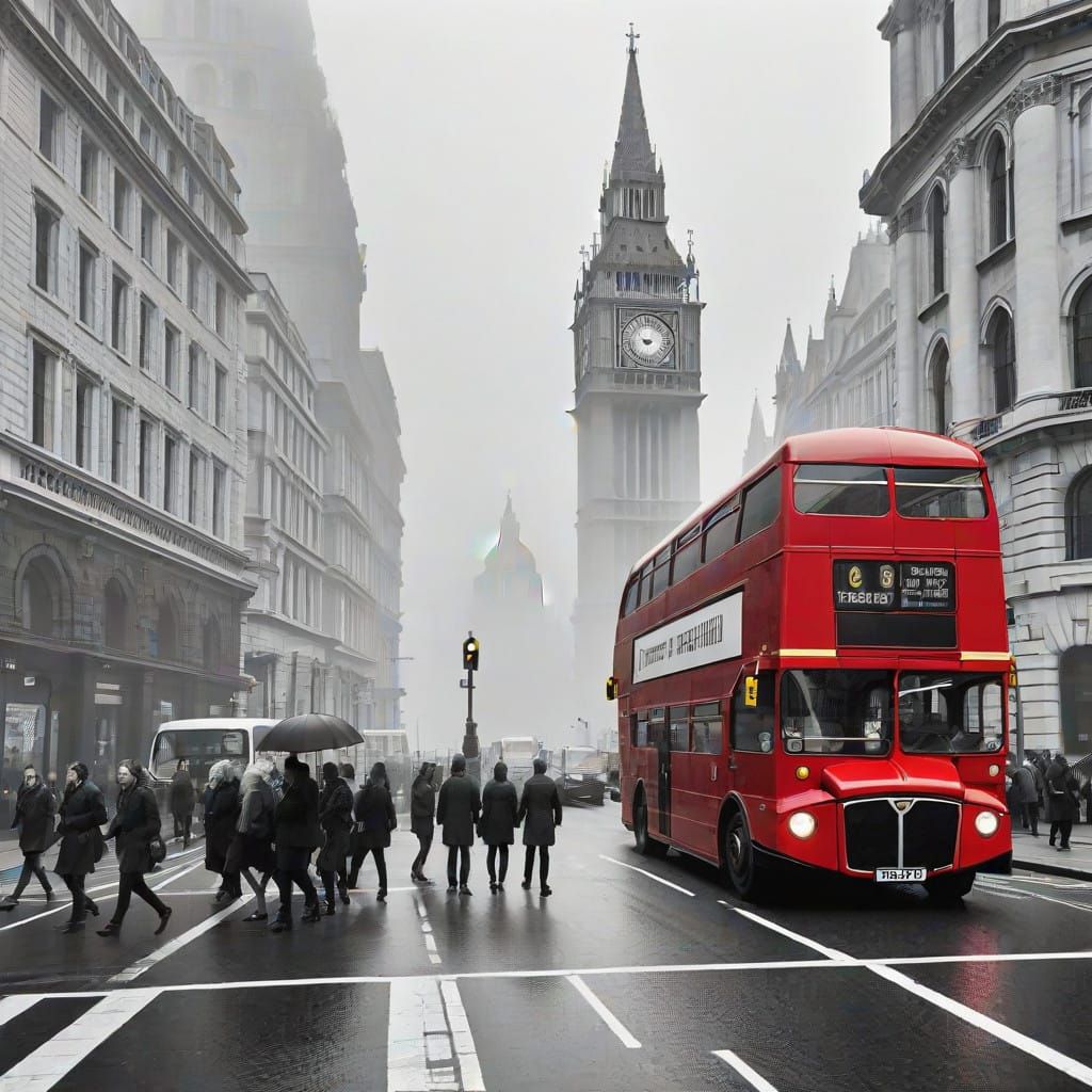 London Double Decker Bus in Foggy Fleet Street