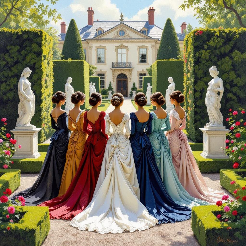 Elegant Women in Garden, William Morris Style