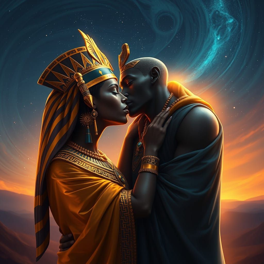 Ethereal Nubian Goddess Isis Embraces Her Husband, Osiris, i...