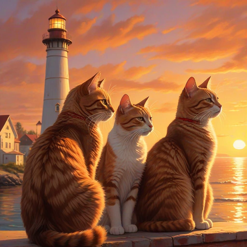 Cats Watching Seaside Sunset in Oil Painting Style