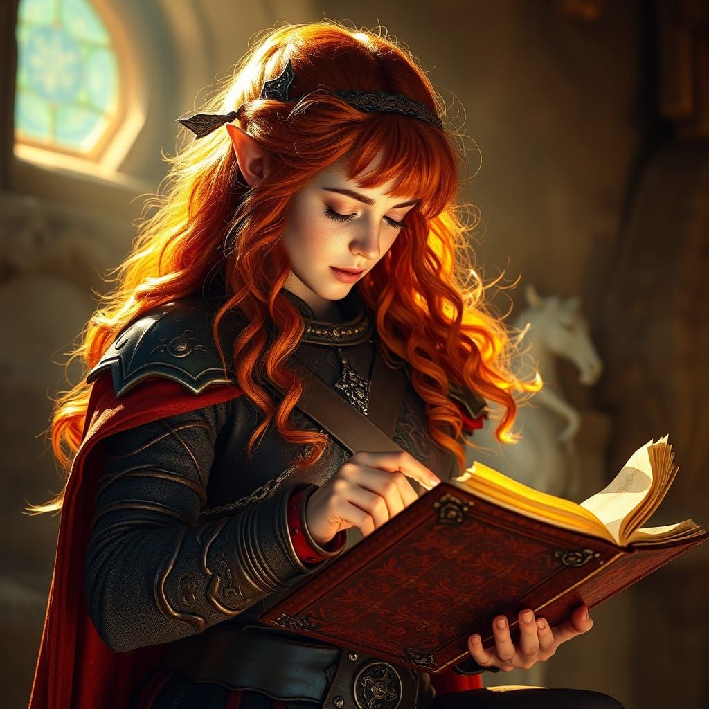 Fiery Dwarven Bard Contemplates Ancient Tomes