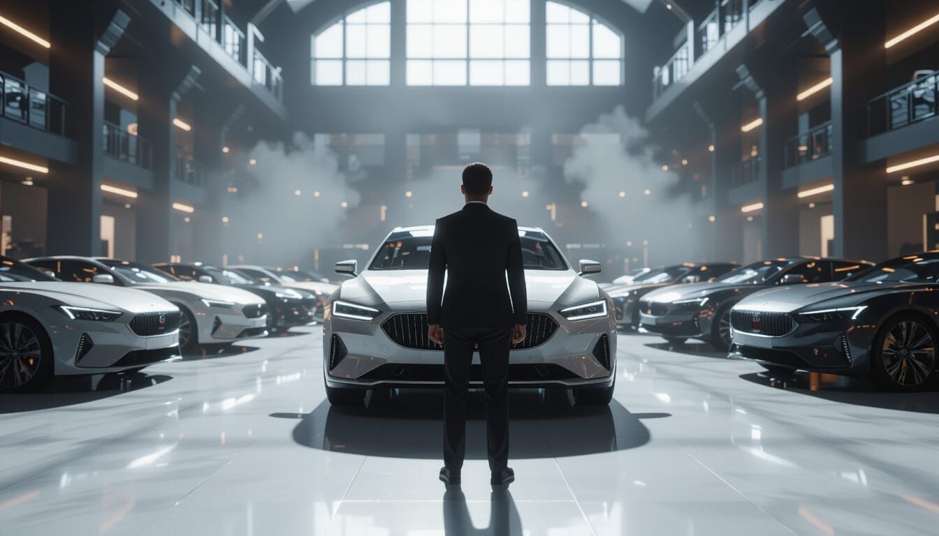 Showroom Manager Surrounded by Cars in 3D Cinematic Style
