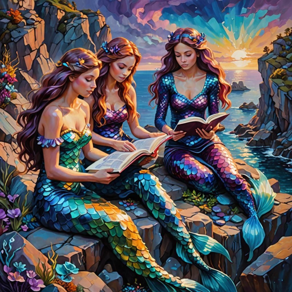 Mermaids on Cliff in Surrealist Oil Painting