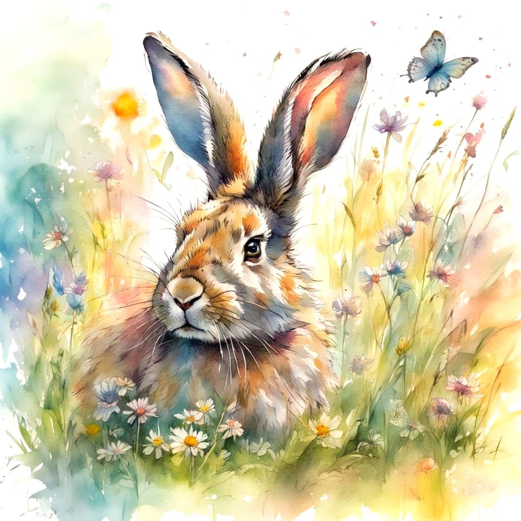 Rabbit in Spring Meadow, Watercolour Storybook Illustration