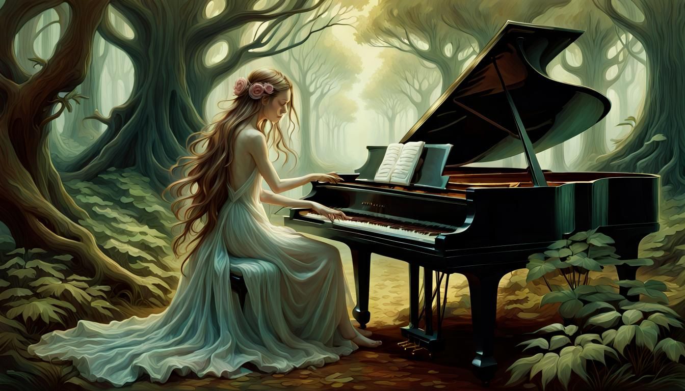 Enchanting Piano Recital in Forest, Digital Art