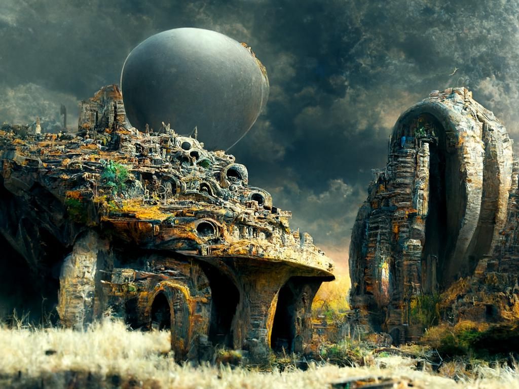 Sinister Metal Planet with UFO in Dark Fantasy Style
