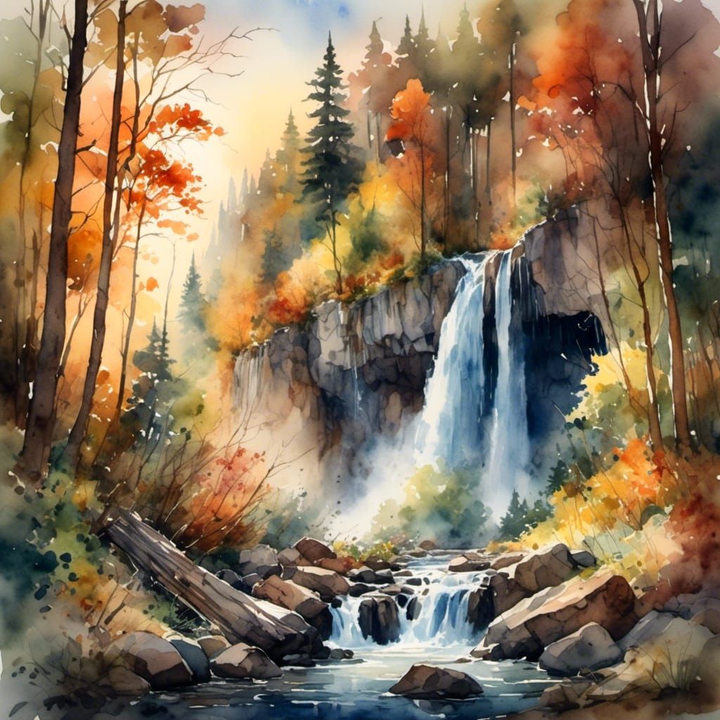 Autumn Forest Waterfall in Antique Watercolor Style