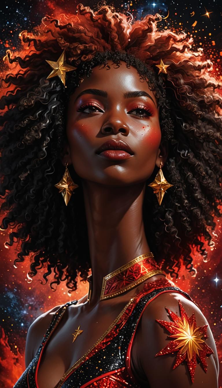 Celestial Afro Woman in Red and Black