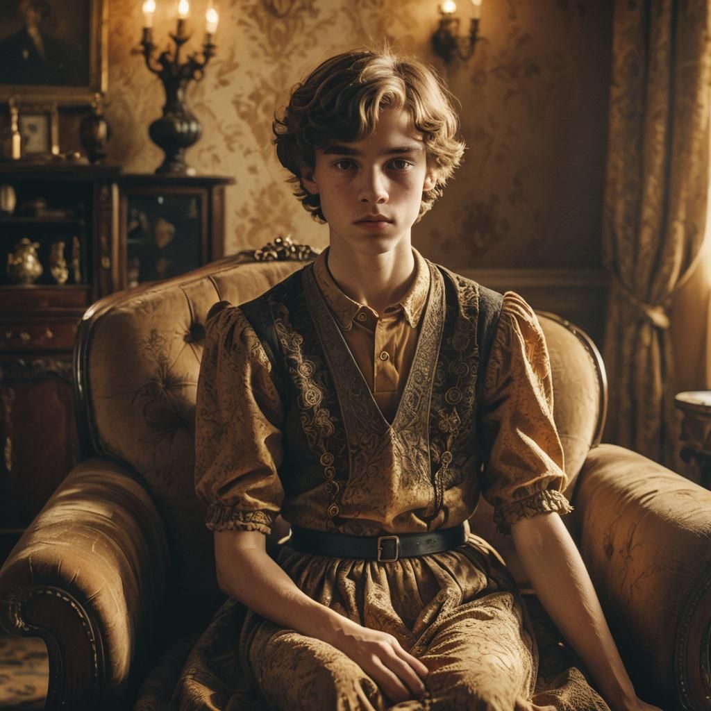 Teenage Boy in Dress in a Nostalgic Living Room