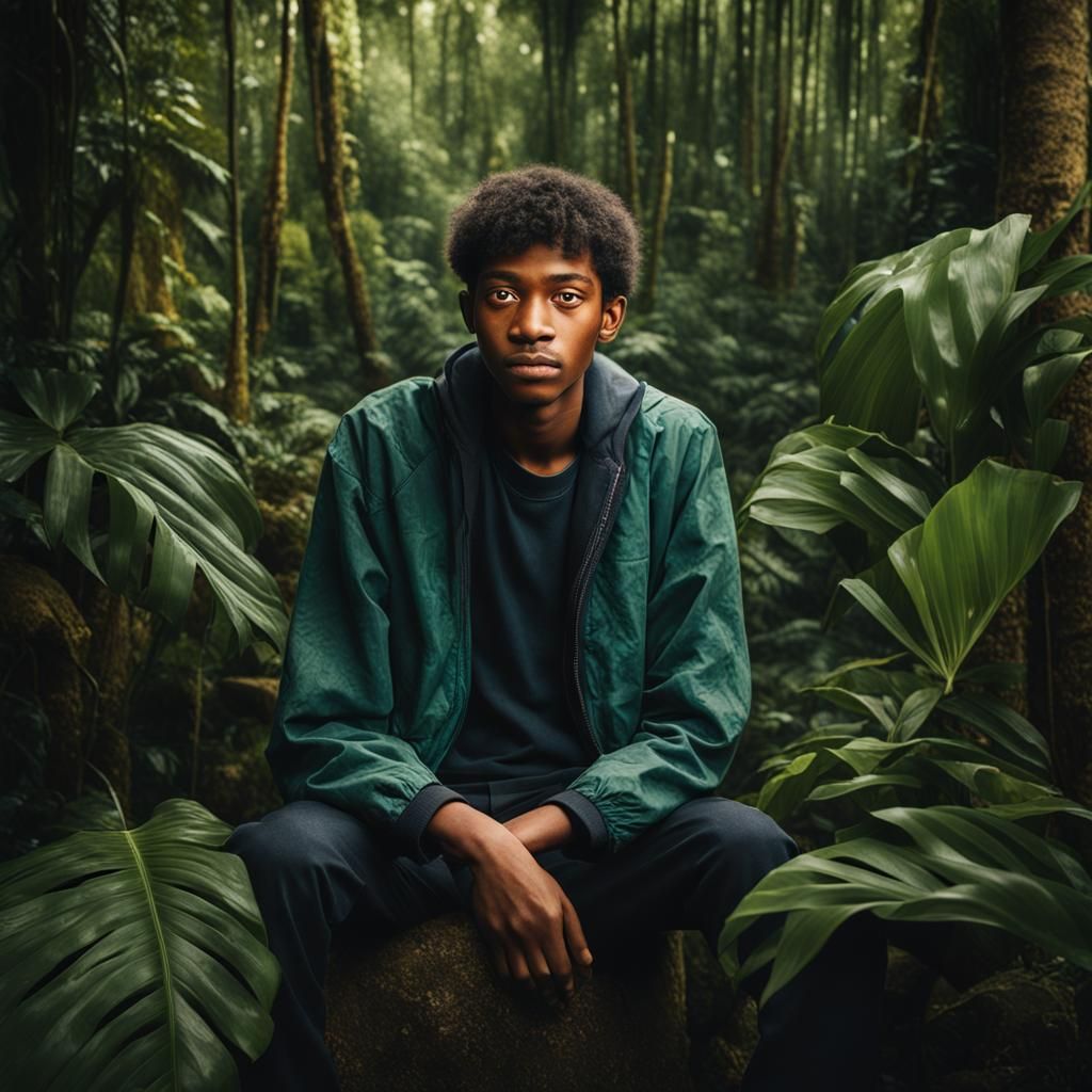 Young Man's Portrait with Street Art and Jungle