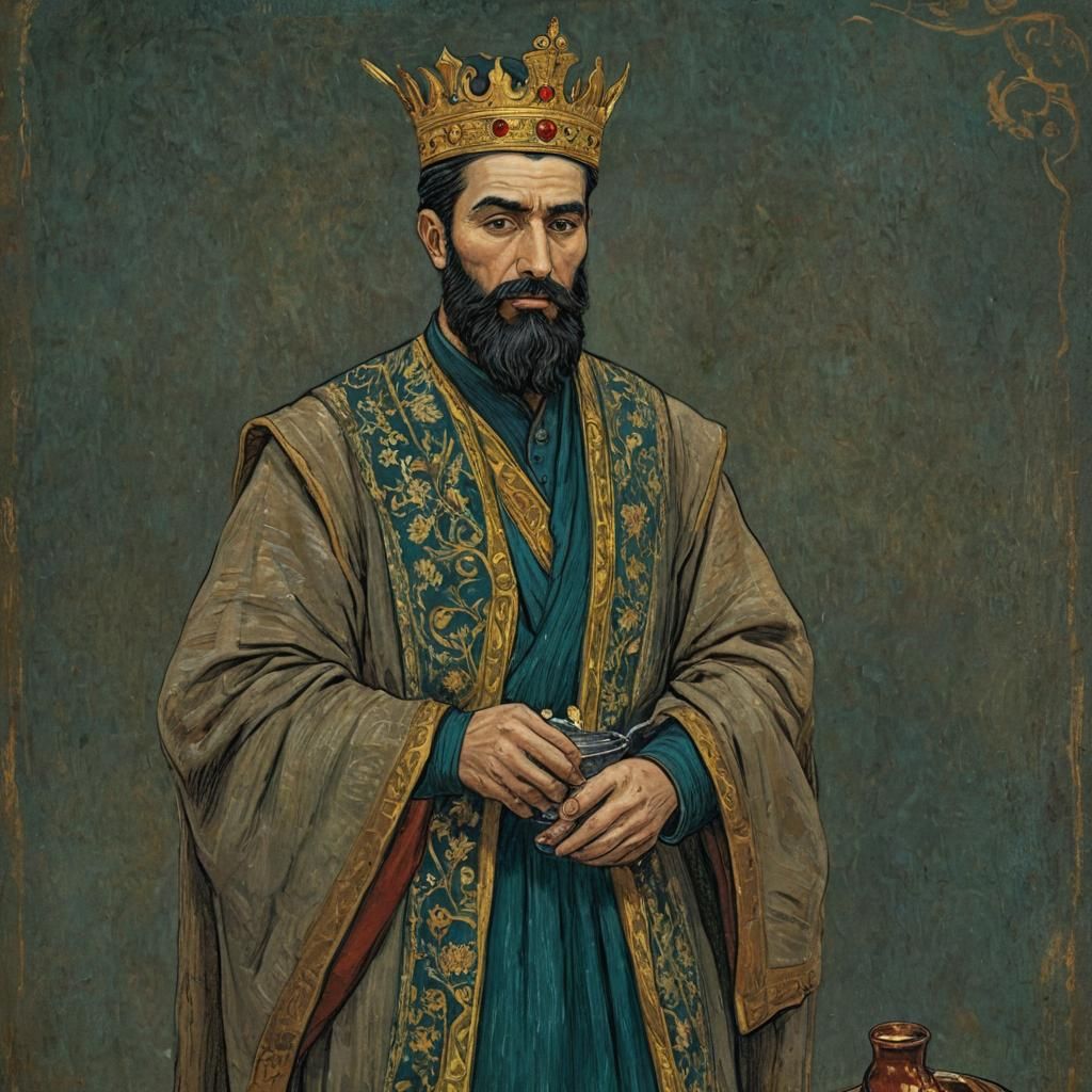 King Khosrow I Character Card in Van Gogh Style