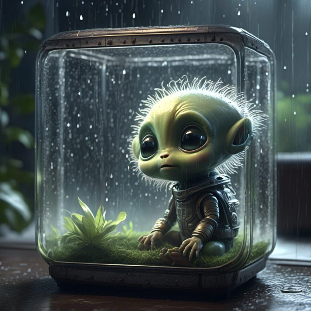 A cute fuzzy baby Alien in a cybernetic glass box looking ou...