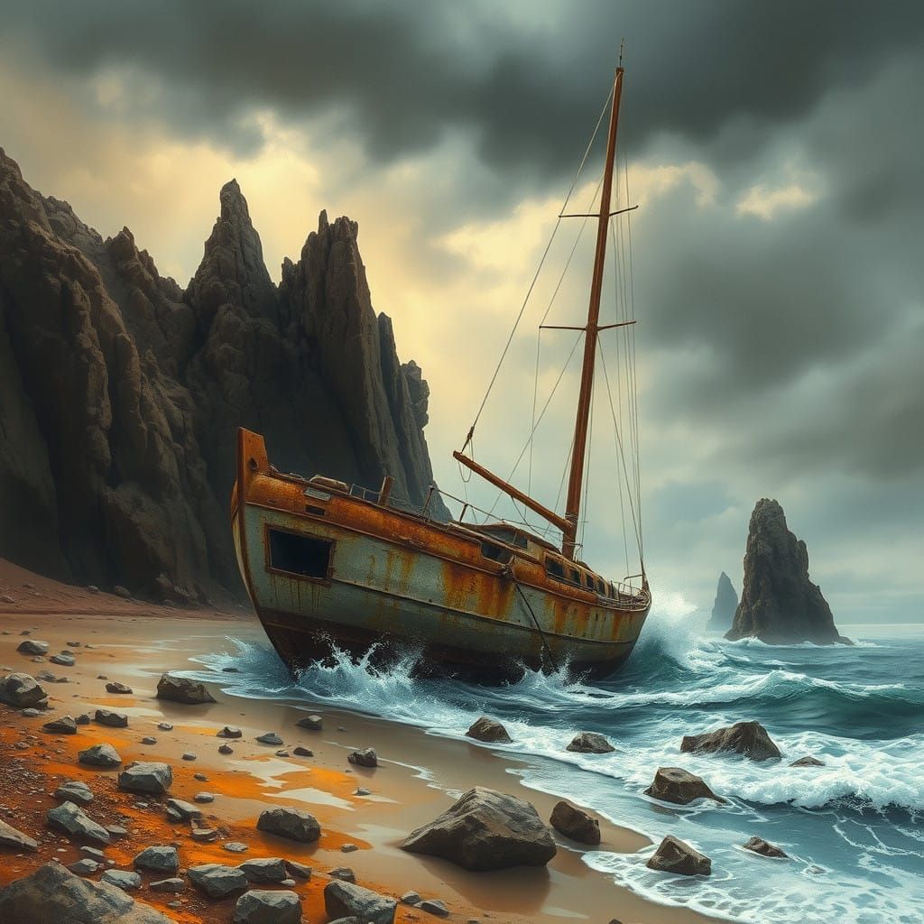 Abandoned Sailboat Wreck in Oceanside Desert Landscape